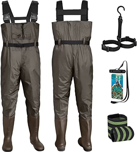 Croch Wathose für Herren Damen Anglerhose Wasserdicht PVC Nylon mit Gummi Watstiefel Größe 38-47 Perfekt Watthose und Angelhose (Braun, 39)