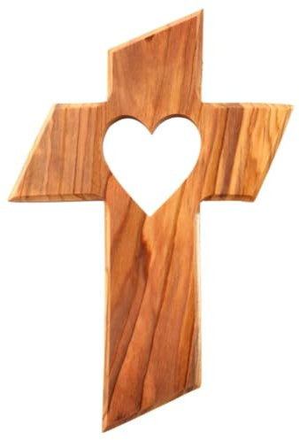 Kassis Geschenkartikel Kreuz mit Herz aus Olivenholz – handgefertigtes Wandkreuz aus Bethlehem – spirituelles Geschenk zur Taufe, Kommunion, Firmung, Konfirmation, Hochzeit oder Einweihung