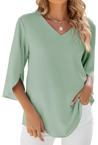 YUTILA Bluse Damen Elegant 3/4 Arm Chiffon V-Ausschnitt Tunika Locker Sommer Leichte Damenblusen Blusenshirt Festlich Lässig Oberteil Frühling