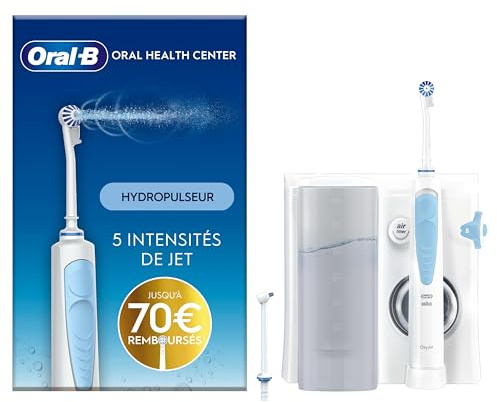 Oral-B Oral Health Center Munddusche, 2 Ersatzdüsen, Zahnzwischenraumreiniger für sanfte Zahnreinigung & gesünderes Zahnfleisch, mit Oxyjet-Technologie, 5 Druckstufen für Zahnpflege, weiß/blau