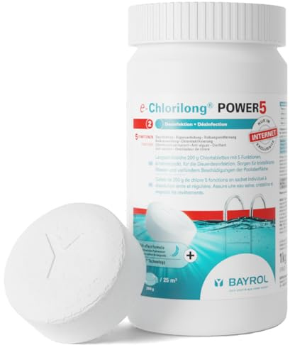 BAYROL e-Chlorilong Power 5 Chlortabletten Pool 1 kg Multitabs 5 in 1 | 5 in 1 Tablette : Desinfektion, Algenvorbeugung, Flockung, Anti-Kalk, UV-Schutz, Tabletten 200g, 1 Tablette / 20-30 m³