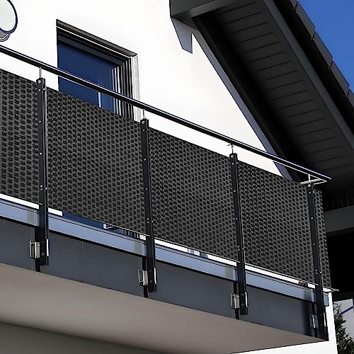 NYVI Polyrattan Balkon Sichtschutz Privafence 90x500 cm Anthrazit - Balkonbespannung mit Metallösen - UV-fest, Witterungsbeständig, 100% Blickdicht - Balkonumspannung Balkonumrandung 0.9x5 cm
