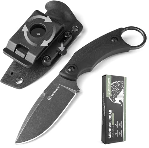 SPITZKANTE Gürtelmesser quer SSH-A, Jagdmesser Feststehende Klinge mit 360° Verstellbarem Gürtelclip und Kydex Scheide, Messer Outdoor Klingenlänge 8, 7cm (B-Blackwash Finish Klinge-Schwarz Griff)