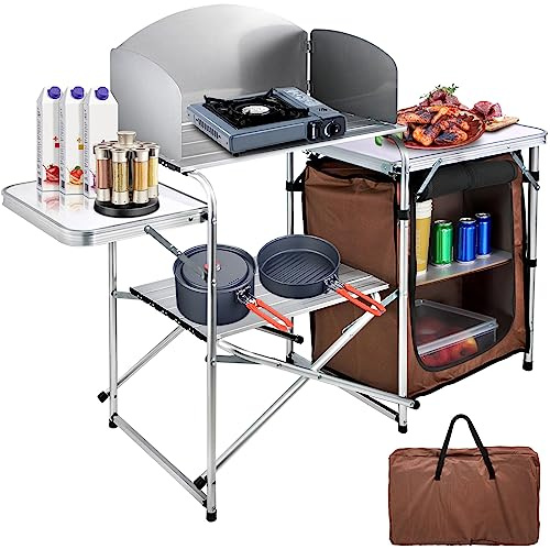 VBENLEM Campingküche Camping Küchenschrank Camping Kochtisch faltbar mit Windschutz und 1 Reißverschlusstasche Campingschrank, Braun