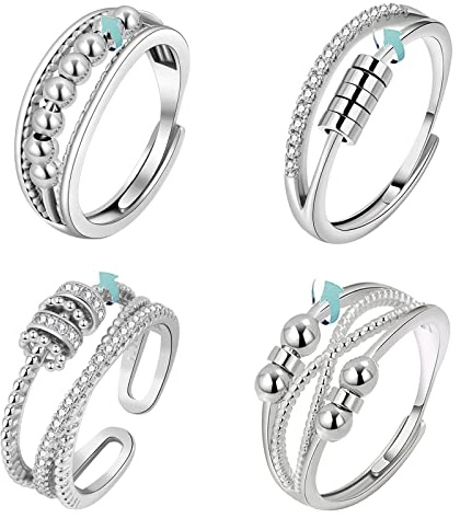 Hifot Anxiety Spinner Set - 2/4 Stück Verstellbare Anti-Stress Ringe Mit Perlen für Damen, Herren, Mädchen - Silber Fidget Ringe für Geburtstags-Party-Geschenke