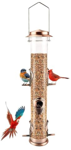 MIXXIDEA Vogelfutterspender aus Metallrohr für den Außenbereich, zum Aufhängen, für Wildvögel, 6 Anschlüsse, hängende Vogelfutterstation, zieht Vögel im Garten, Balkon an – Antikes Kupfer – 1 Packung