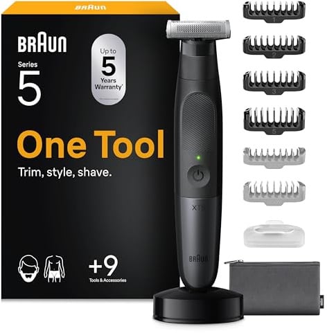 Braun Series XT5 Gesicht & Körper, Elektrischer Rasierer, Barttrimmer & Bodygroomer, +8 Zubehörteile, Scharfe 4D-Flex-Klinge, Ladestation, langlebig, 6 Monate, 45 Min. Laufzeit, XT5300, Grau