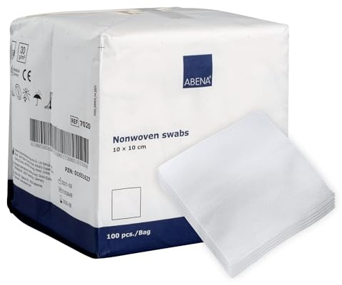 ABENA Vlieskompressen 10x10 cm – 100 Stück, Unsteril, Fusselfrei & 4-lagig, Ultrasoft und Nicht-klebend, Saugkompressen und Wundkompressen als Verbandsmaterial für Klinik, Zuhause & Kosmetik