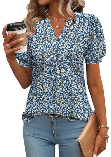 Rapbin Bluse Damen V-Ausschnitt T-Shirt Tunika Kurzarm Sommer Top Elegant | Kurzarm Langarm Boho Bluse Damen Lässig Business Oberteil Blusen Casual Knopfleiste Puffärmel Shirt