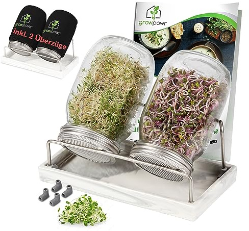 GROWPOWR Sprossenglas 2er Set 950 ml mit Keramikschale & Edelstahl-Sieb | Frische Sprossen einfach selbst ziehen, Keimglas mit Keramikschale, Edelstahl-Sieb, großer Öffnung, Safe Coating & Guide