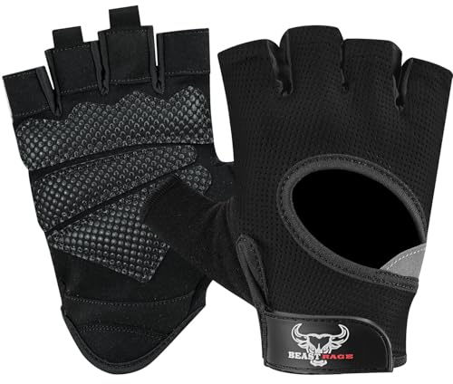 BEAST RAGE Gewichtheberhandschuhe für Männer und Frauen, Gym Handschuhe für Crossfit.Atmungsaktiv,rutschfest Silikon gepolsterte Handfläche Schutz Trainingshandschuhe für Gewichtheben (SCHWARZ, M)