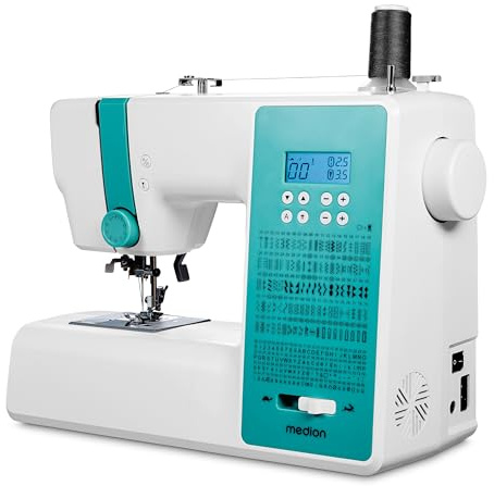 MEDION Digitale Nähmaschine SD36 (36 Watt, einstellbare Stichlänge und Stichbreite, 270 Stichmuster, LED Nählicht, automatischer Einfädler, Fußpedal, Rückwärtstaste, Fadenschneider, MD11881) türkis