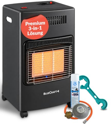 Bluecraft Gasheizung 4,2kW, Gasheizstrahler, 3-in-1 Gasofen, Gasregler Set | Elektroheizung, Notheizung, Terrassenheizung, Camping Heizung, Gasschlauch, Gasdruckregler, Gasregler Schlüssel, 5kg 11kg