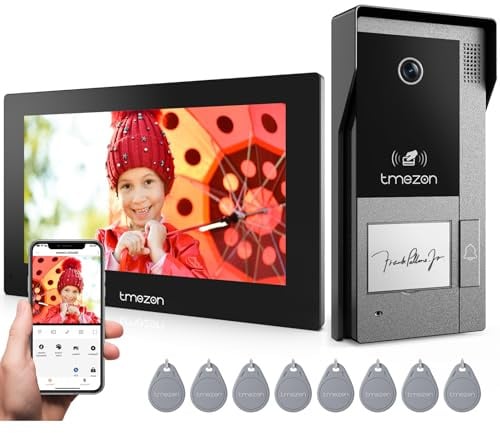 TMEZON WLAN IP Video Türsprechanlage 2 Draht,1080P Türsprechanlage mit Kamera,7''IP Touchscreen,Bewegungserkennung des Menschen,APP/Swipe Card Unlock,Aufnahme und Wiedergabe,1 Familie
