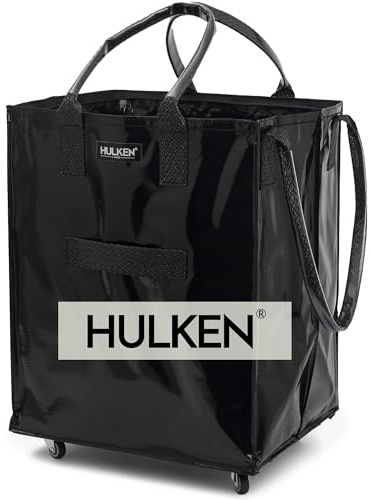 HULKEN - (Große, schwarze) wiederverwendbare Einkaufstasche auf Rädern. Der Einkaufswagen trägt bis zu 30 kg. Der klappbare Einkaufstrolley hat robuste Griffe und Reißverschluss, ist flach und faltbar