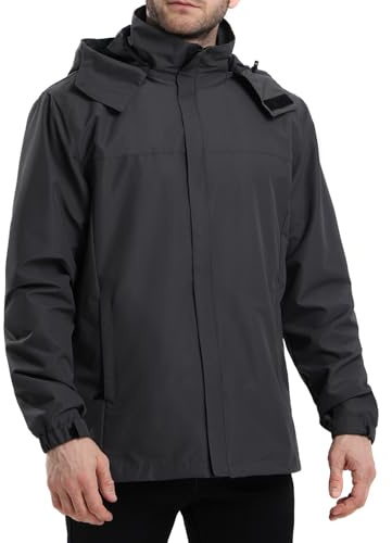 PYALT Herren Regenjacke Wasserdicht Atmungsaktiv Outdoorjacke Windbreaker mit Kapuze Leichte Freizeitjacke Fahrrad Regenjacke für Wandern Reisen Grau XXL