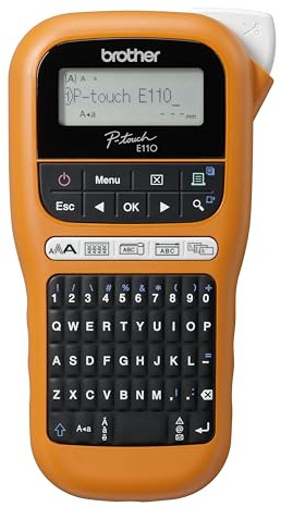 Brother PT-E110 Industrielles Beschriftungsgerät (für 3,5 bis 12 mm breite TZe-Schriftbänder, Beschriftung von Kabeln und Anschlüssen), orange