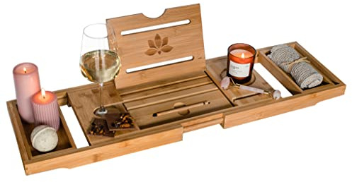 Badewannenablage ausziehbar aus Bambus 70–105 cm – Badewannenbrett mit Tablet- & Buchhalter + Touchscreen-Stift – Badewannentablett verstellbar mit Weinglashalter – Spa Badewannen Zubehör