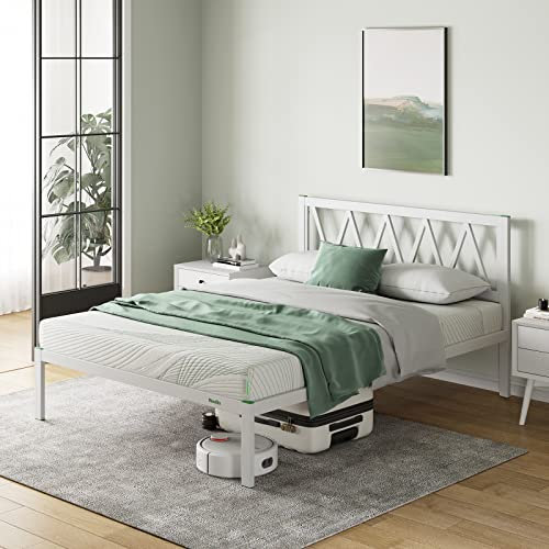 Novilla Bettgestell Metallbett 160x200 cm mit Lattenrost Metallrahmenbett Bettgestell mit Kopfteil-Design Ehebett Gästebett Weiß
