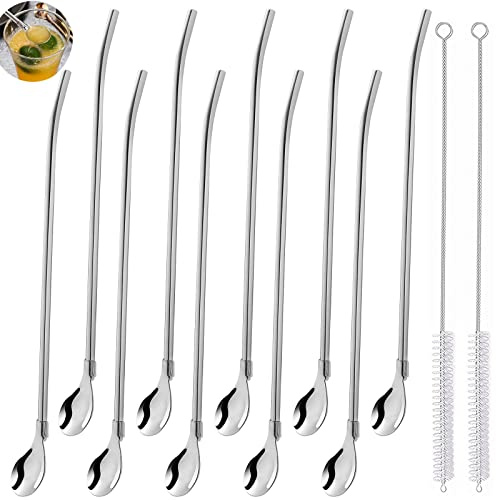 10 Stück Edelstahl Trinkhalm Trinkhalmlöffel lang mit 2 Reinigungsbürste | Löffelstrohhalme Wiederverwendbare Löffelhalme Metalllöffel Strohhalm für Smoothies, Milchshakes, Cocktail, Kaffee