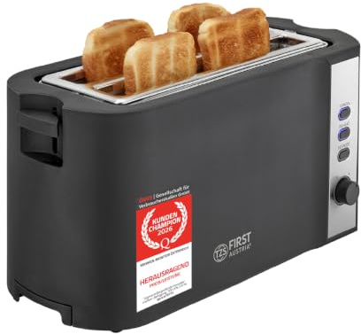 TZS First Austria - Edelstahl Toaster Langschlitz 4 Scheiben - Defrost Funktion - 6 Bräunungsgrade, Auftau- und Aufwärmfunktion - integrierter Brötchenwärmer - herausziehbares Krümelfach - Schwarz