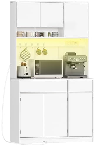 Hzuaneri küchenschrank, Sideboard, Kommode Küche mit Steckdosen und Led-Lichtleisten, mit Arbeitsplatten und 2 Schubladen, Verstellbare Einlegeböden, Küche, 40 x 100 x 180 cm, Weiß, PT00203XEU