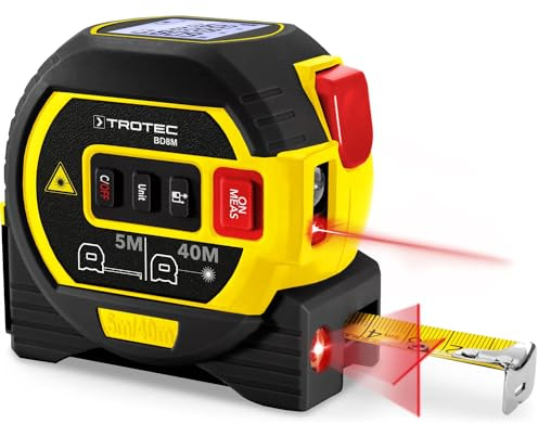 TROTEC BD8M Laser-Distanzmessgerät Digitales Entfernungsmesser | Reichweite bis 40 m, inkl. Kreuzlinienlaser, Maßband, Speicher für 20 Messwerte