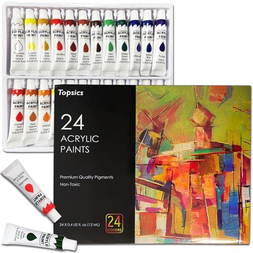 Topsics Acrylfarben Set 24 Farben, 24 Tuben 12ml NON-TOXIC AcrylfarbenSet für Anfänger, Künstler, Perfekt für Leinwand, Holz, Stoff