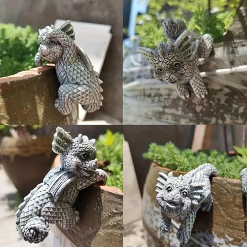 Tuzsocr Drachen Gartenfigur 4er Set, Miniatur, Kunstharz, wetterfest | Mini-Drachenstatuen zum Aufhängen an Blumentöpfen, dekorative Gartendeko für Terrasse und Patio, ideal für Drachenliebhaber