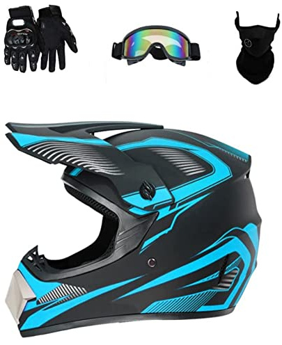 HaTur Motocross Helm Motorrad Helm Downhill Fullface Helm Unisex Jugend Fahrradhelm Off Road ATV Dirt Bike Helm mit Handschuhen Brille Maske (Himmelblau, L)