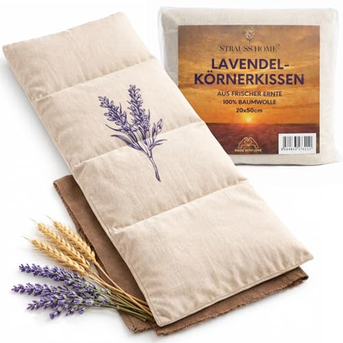 Strauss Home® Körnerkissen mit Lavendel groß – Mikrowellengeeignetes Wärmekissen gegen Verspannungen in Nacken, Schultern und Rücken – natürliche Weizenkörner - getrockneter Lavendel– 20x50 cm