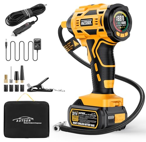 AUTDER Reifenfüller Akku Kompressor 180 PSI, Gelb | Tragbare Luftpumpe, Wechselbarer 21V Akku, 12V Auto-Stromkabel, Auto-Stopp, LCD-Display, LED-Licht