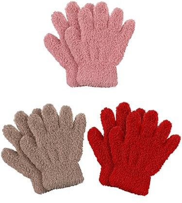 Geyoga 3 Paar Kinder Strickhandschuhe Winter Warme Vollfinger Handschuhe(Hellrosa, Rot, Khaki,1-3 Jahre,Solid Style)