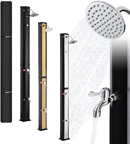 Arebos Solardusche | 35 Liter | 216 cm | mit integriertem Thermometer | runder Duschkopf | mit Fußdusche | mit Gartenschlauch-Anschluss | inkl. Montagematerial & Abdeckhaube | Schwarz
