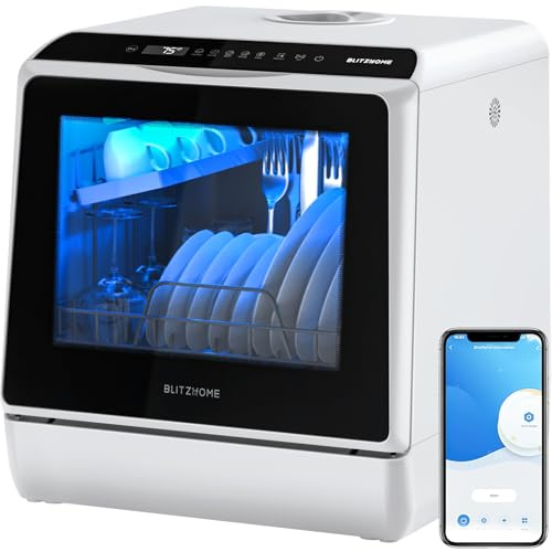 Mini Spülmaschine, BLITZHOME Mini Geschirrspüler App Steuerung, 6 Programme Tragbarer Smart Tischgeschirrspüler mit 5L Wassertank, mit/ohne Wasseranschluss Benutzbar, Trockenfunktion, für Camping