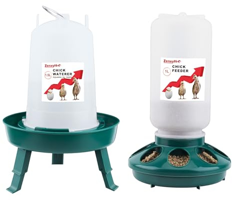 ZenxyHoC 2-in-1 Küken Futterautomat 1L & Tränke 1,5L Set Grün | Mit 3 verschiedene Höhenverstellungen, Aufhängehaken und Anti-Ertrinkungs-Design. Aus BPA-freiem Kunststoff für Küken