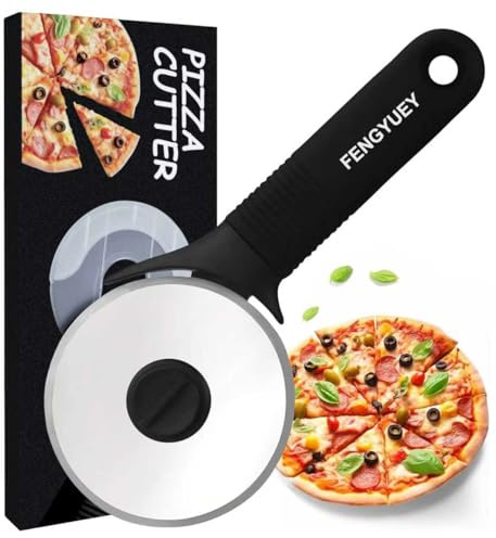 FENGYUEY Pizzaschneider [Original] - Pizzaroller Edelstahl, Pizzarad Profi, Pizza Cutter | Rutschfester Silikongriff, Klinge mit Schutzhülle, Spülmaschinenfest | Schwarz