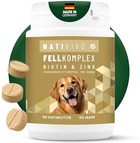 NATIVIVO Fellpflege Hund - Juckreiz Hund Fellpflege - Fellkomplex Biotin & Zink - Unterstützend bei Juckreiz - Biotin für Hunde Glänzendes Fell - 100 Tabletten Nahrungsergänzungsmittel für Hunde