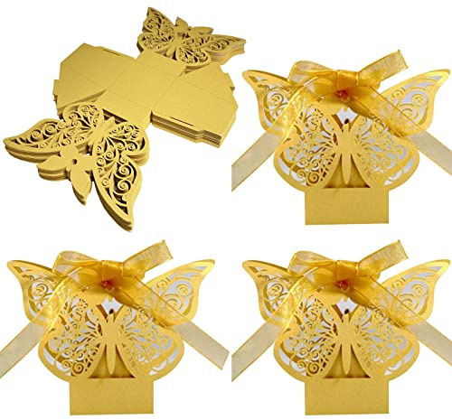 Schachtel aus Papier für Bonbons 50 Stück Bonbonschachteln für Süßigkeiten, Schachteln für Partys, Bonbonniere, Geschenkboxen mit Schleife (Gold)