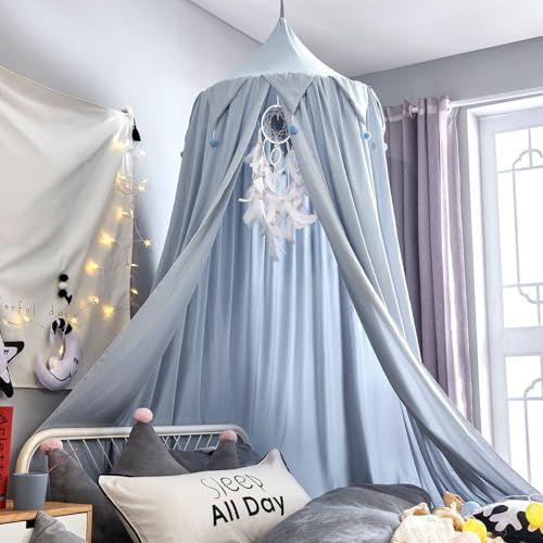 Surwin Baldachin Betthimmel Blau Madchen Jungen Babybett, Himmelbett Moskitonetz Bett mit Kugel für Kinderbett Kinderzimmer Einzelbett Schlafzimmer Kinder Geschenk Reise