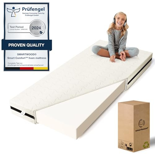 smartwood Matratze 60x120 12 cm, H2, Schaumstoff, SmartComfort | Kindermatratze, Oeko-TEX, Atmungsaktiv, Antiallergisch, Abnehmbarer Bezug, Waschbar bei 40°C, Schaum Dichte 25 kg/m³, Wendbar