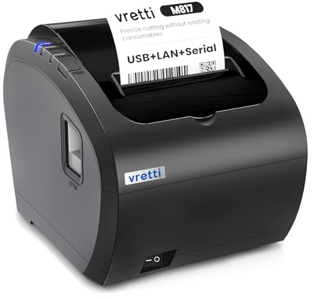 vretti Thermodrucker Bondrucker 80mm, Thermo-Etikettendrucker mit USB Serial LAN Port - Supermarkt-Küchen-POS-Drucker mit ESC/POS-Befehlsunterstützung