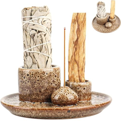 4 in 1 Räucherschale für Palo Santo, Incense Burner Holder, Keramik Räucherschale für jedes Räucherwerk, Palo Santo Räucherstäbchen Weißer Salbei, Räucherkegel, Palo Santo Sticks