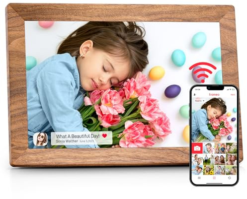 Frameo WLAN Digitaler Bilderrahmen 10,1 Zoll, HD 1280 * 800 IPS Touchscreen Elektronischer FotoRahmen mit 32GB Speicher, Auto Drehung, Einfache Weitergabe von Fotos Videos über Frameo App