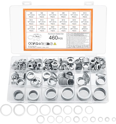 460 Stück Aluminium Dichtungsringe Set, Ölablassdichtungen Sortiment, Unterlegscheiben Set für Reparatur Sanitär Autos Hydraulik Dichtringe, M6 M8 M10 M12 M14 M16 M18 M20 M22 M24 Dichtungen Set