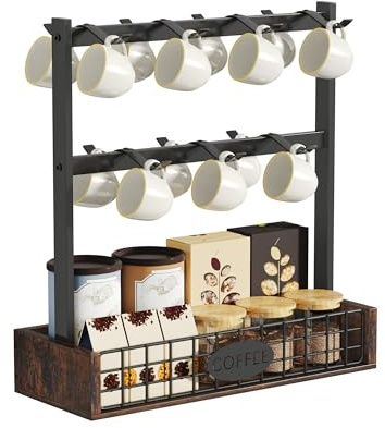 YITAHOME Becherhalter für die Arbeitsplatte mit 7 Haken &Aufbewahrungsboden | Metall-Tassenständer mit Leitplanken-Regal, schwarzer Tassen-Organizer für Küche, Esszimmer und Kaffeebar