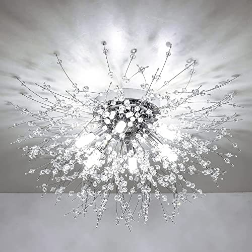 Rayofly Modern Kistall Deckenleuchte Wohnzimmer, Feuerwerk Kristall Deckenlampe Schlafzimmer, 6-Flammige Kistall Kronleuchter, Chrom Dimmbare Pendelleuchte Schlafzimmer, Esszimmer, Flur, Küche