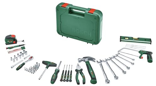 Bosch Werkzeug-Set 64-teilig (vielseitige, ergonomische Werkzeuge aus hochwertigen Materialien; Zange; Schraubenschlüssel; Schraubendreher; Ratsche; Messwerkzeuge; Säge; Hammer; Tieflochmarker)
