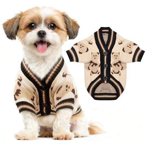 Hundepullover Kleine Hunde Gestrickt Bärenmotiv Kuschelig, Beige XS
