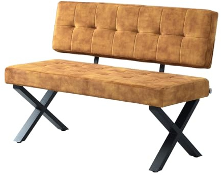 B&D home® Sitzbank Karen 120cm – gepolsterte Esszimmerbank mit Rückenlehne, X-Metallgestell schwarz, Webstoff/Microfaser in Gelb, modern Industrial Design für Esszimmer, Küche & Flur